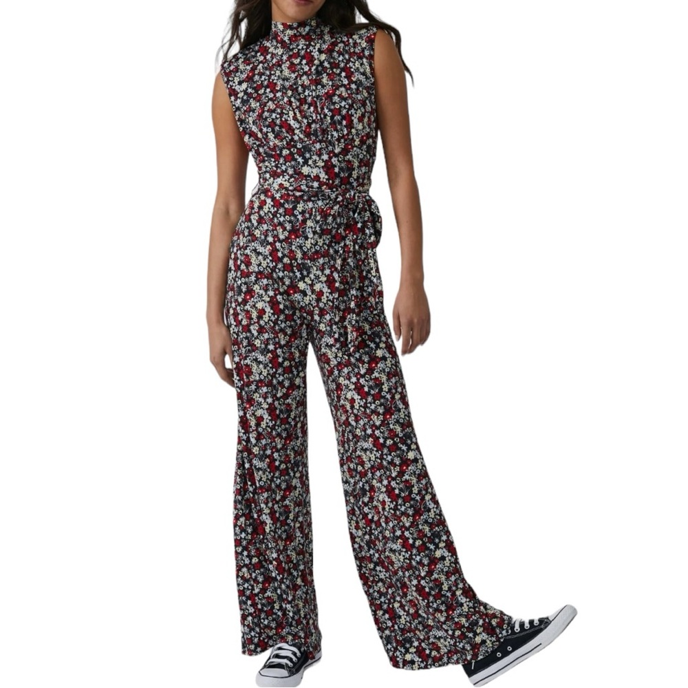 Free People NWT‎ Women’s Vibe Check Tie Waist Black Ditsy Shell Jumpsuit   Sz XS